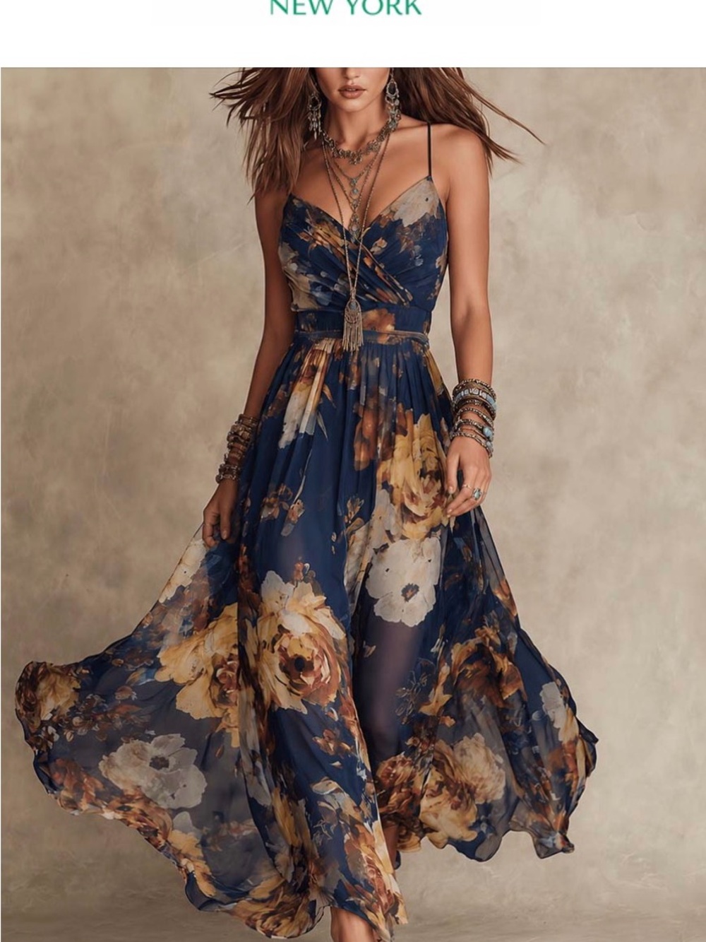 Floral Maxi Dress in Navy & Tan